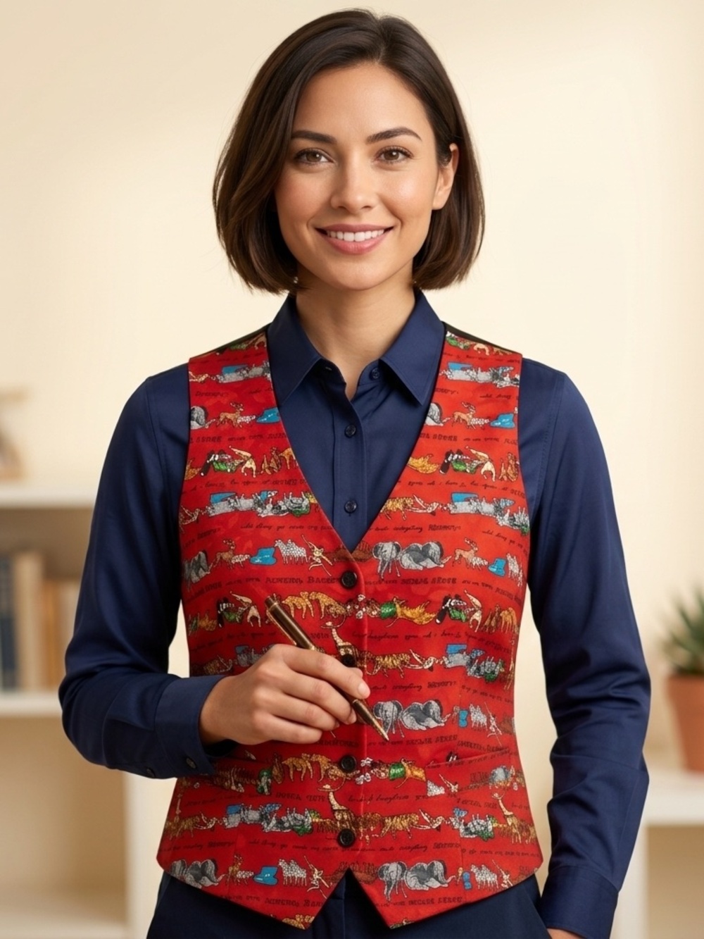 Vtg 90s Nicole Miller Silk Safari Novelty Vest Sz M Teacher Quirky Retro